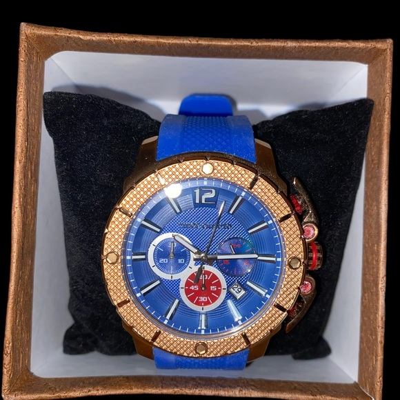 EUC Vince Camuto VC/1019BLRG Striker WATCH Rose Gold Tone Blue Resin Strap - Picture 7 of 8